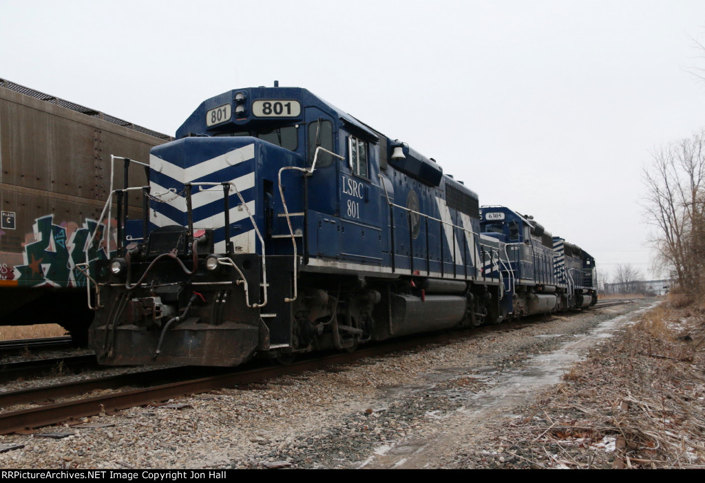 LSRC 801 sits tied down with two of the SD40's